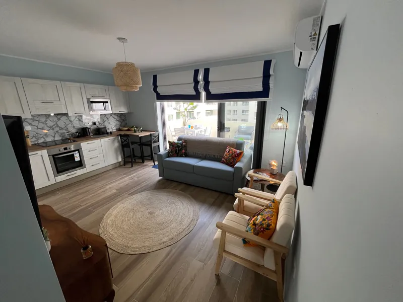 Open-plan living room and kitchen leading to the terrace